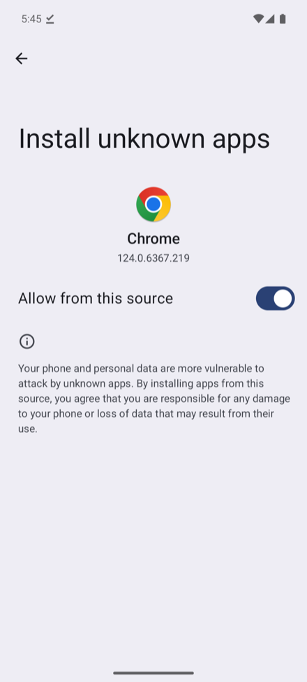 The Install unknown apps setting with Allow from this source switched on