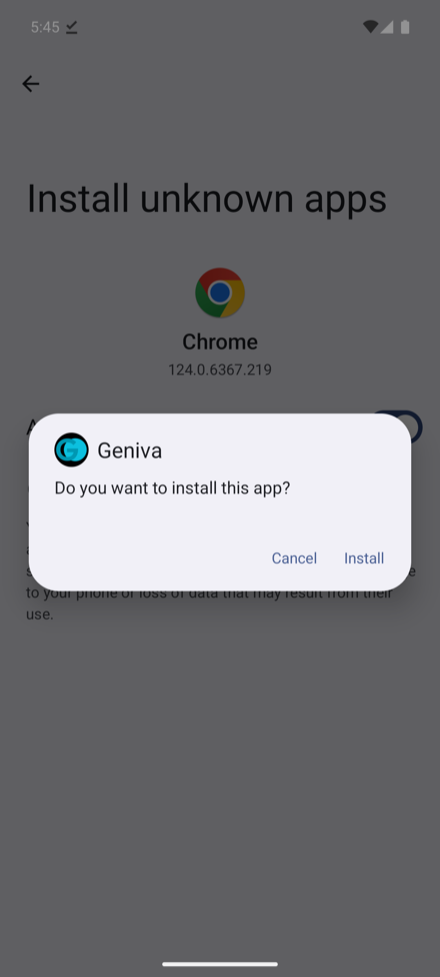 Android asking whether to install Geniva