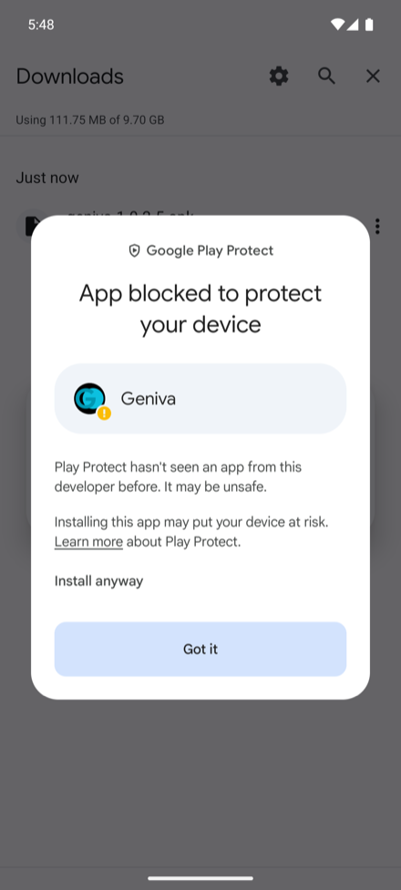 Play Protect saying App blocked to protect your device, with More details opened to show Install anyway