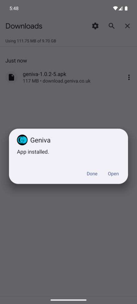 Geniva installed, with an Open button