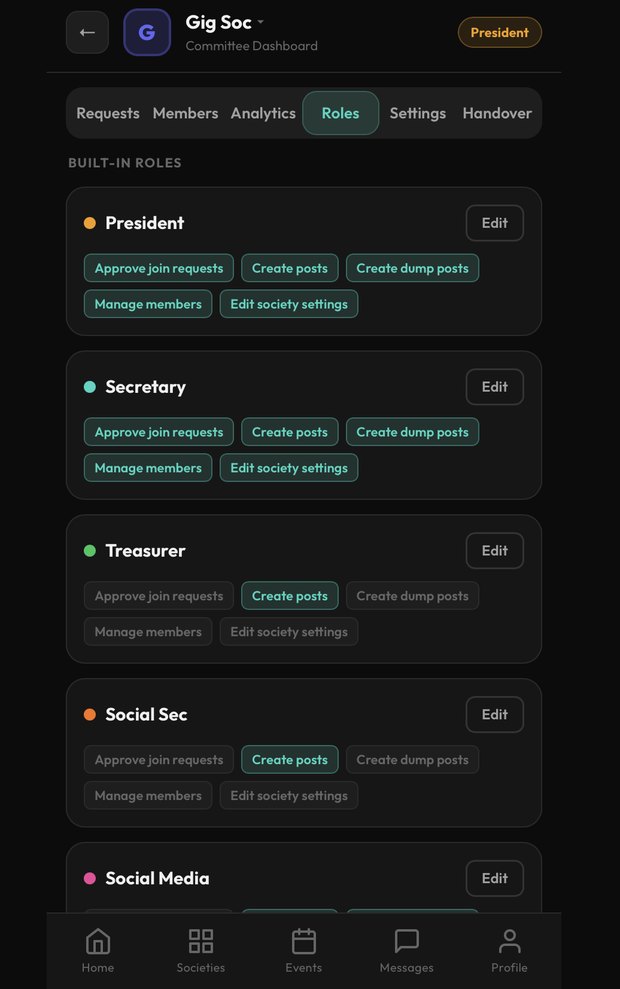 Gig Soc committee dashboard, roles and permissions