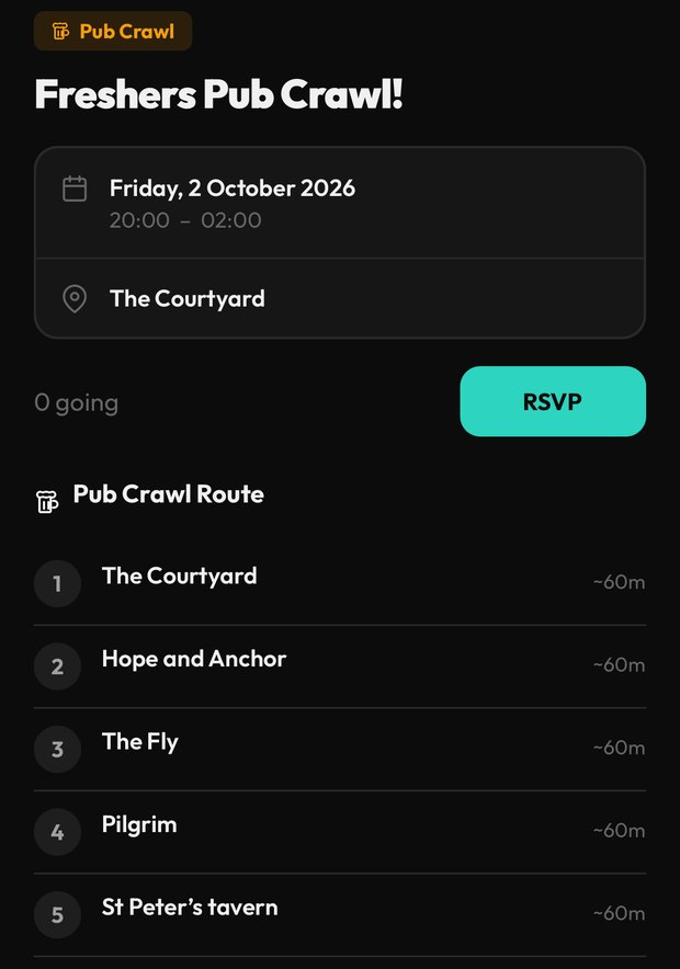 The Freshers Pub Crawl event in Geniva, with its five-stop route