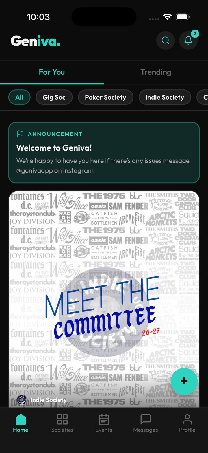 The Geniva home feed with posts from Gig Soc, Poker Society and Indie Society